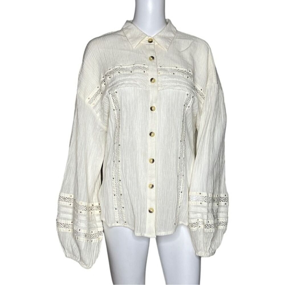 Free People Cream Button-Up Lace Trim Blouse